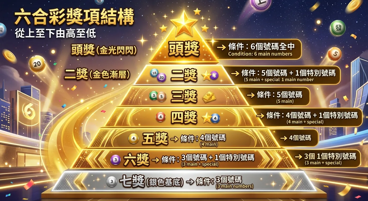 六合彩七個獎項等級說明圖，以金字塔形式由上至下排列：頭獎（最頂端，金色）→ 二獎 → 三獎 → 四獎 → 五獎 → 六獎 → 七獎（最底層，銀色），每層標示中獎條件，配色使用金色漸層