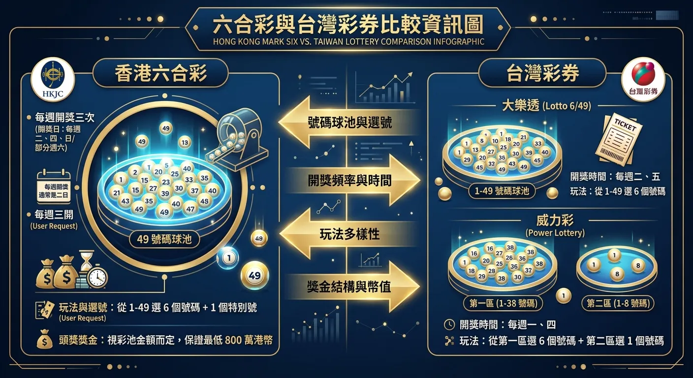 六合彩與台灣彩券比較資訊圖，左右對比排列：左側為香港六合彩（標示 49 號碼球池、每週三開），右側為台灣大樂透與威力彩（各自標示號碼範圍），中間用箭頭標示主要差異，配色使用深藍與金色系