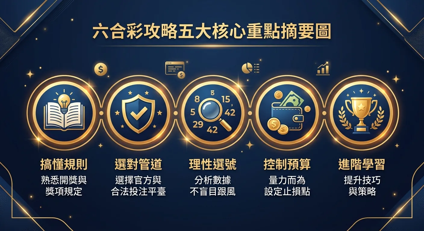 六合彩攻略五大核心重點摘要圖，以五個圓形圖示依序排列：搞懂規則（書本）、選對管道（盾牌）、理性選號（放大鏡）、控制預算（錢包）、進階學習（獎杯），每個圖示下方附簡短文字，配色使用深藍與金色系