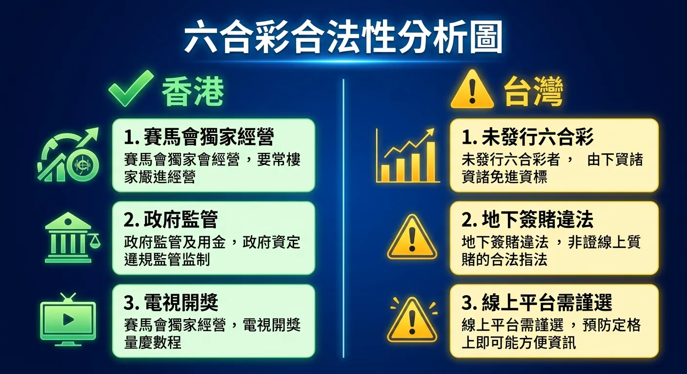 六合彩合法性分析圖，分為左右兩欄：左欄「香港」有綠色勾號，列出賽馬會獨家經營、政府監管、電視開獎三個要點；右欄「台灣」有黃色驚嘆號，列出未發行六合彩、地下簽賭違法、線上平台需謹選三個要點。配色使用深藍背景搭配綠色和黃色區分