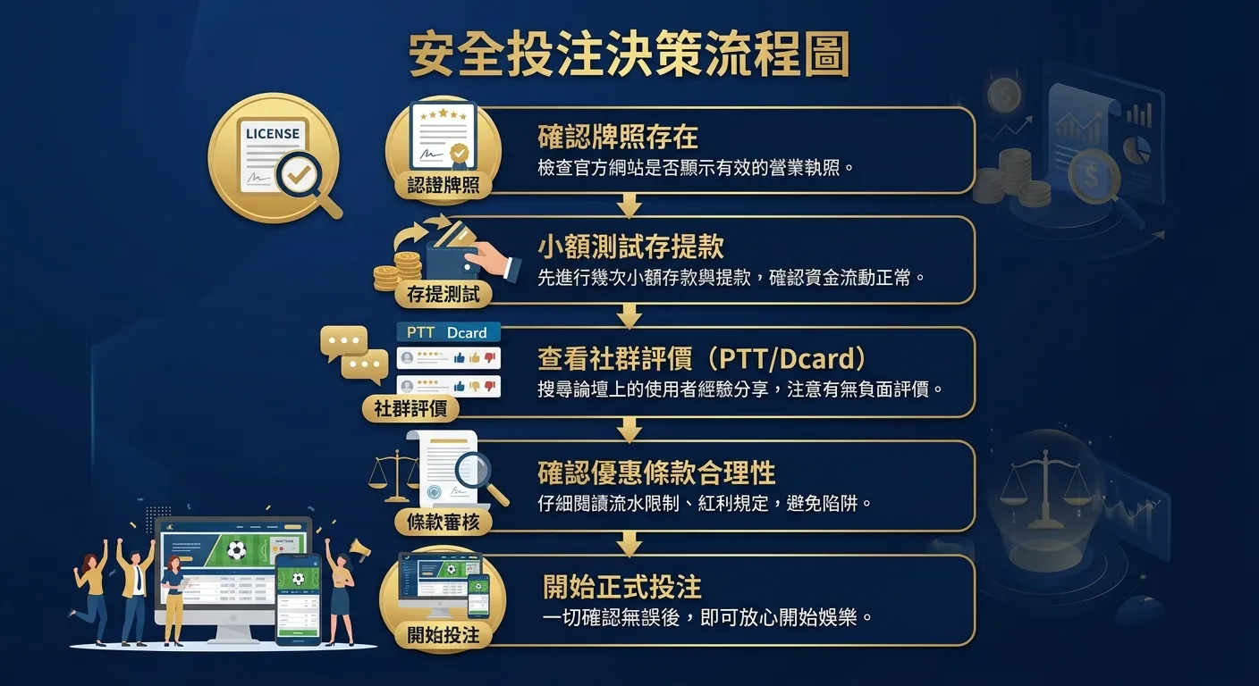 安全投注決策流程圖，由上至下：「確認牌照存在」→「小額測試存提款」→「查看社群評價（PTT/Dcard）」→「確認優惠條款合理性」→「開始正式投注」，每個步驟有對應圖示，配色使用深藍與金色系