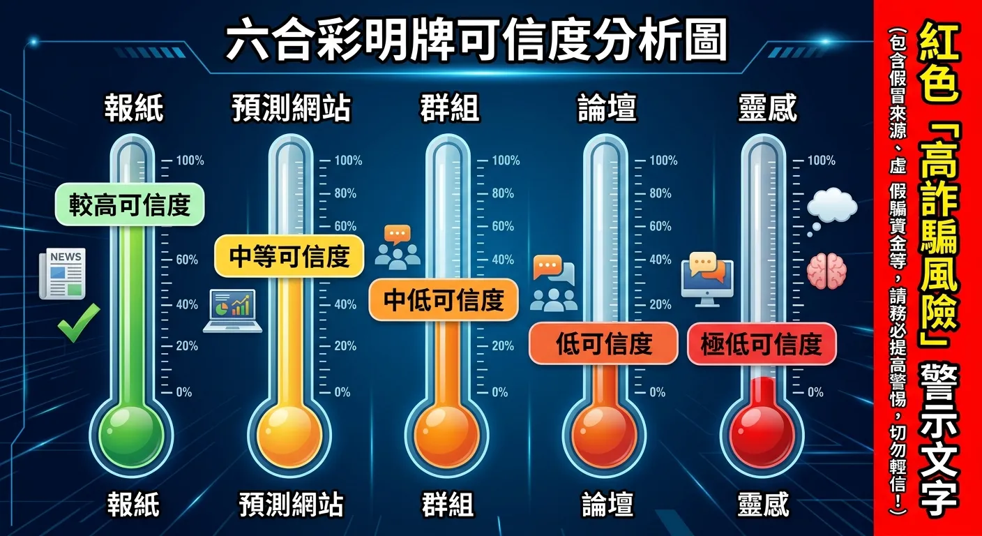 六合彩明牌可信度分析圖，以溫度計形式展示五種明牌來源的可信度（從高到低），報紙、預測網站、群組、論壇、靈感，溫度計旁標示紅色「高詐騙風險」警示文字。配色使用紅黃警示色搭配深藍背景