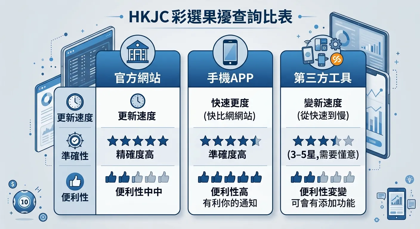 六合彩開獎查詢管道比較表格圖，三欄分別為官方網站、手機APP、第三方工具，每欄包含更新速度（用時鐘圖示）、準確性（用星級評分）、便利性（用拇指圖示）的評比，配色使用藍色與灰色系，清晰專業