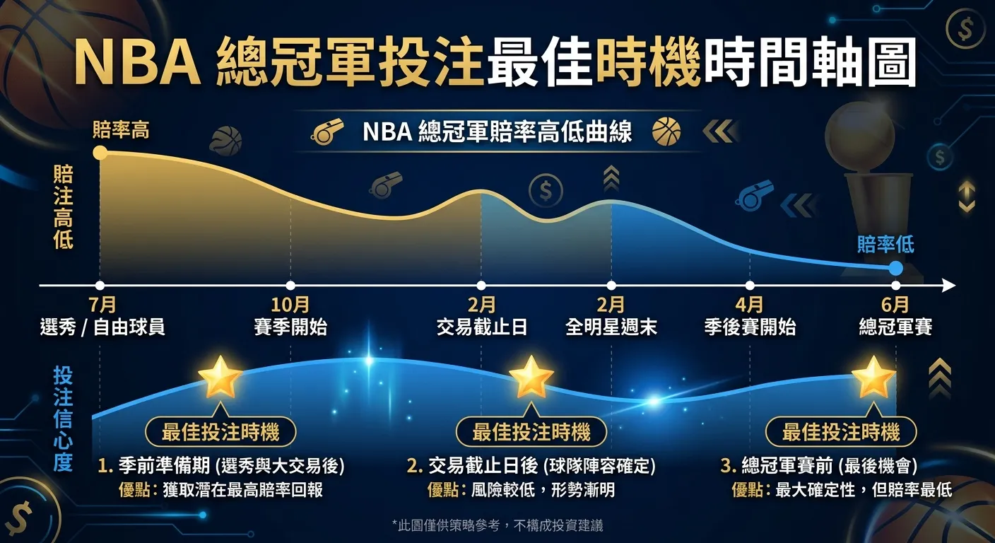 NBA 總冠軍投注最佳時機時間軸圖，橫軸為 NBA 賽季時間軸（7月選秀 → 10月開季 → 2月交易截止 → 2月全明星 → 4月季後賽 → 6月總冠軍），上方標示各階段賠率高低曲線，下方標記三個推薦投注時機（星號標記），金藍配色