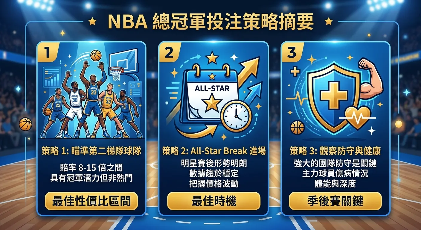NBA 總冠軍投注策略摘要圖，三個策略卡片橫向排列：(1) 第二梯隊球隊（賠率 8-15 倍，標籤「最佳性價比區間」）(2) All-Star Break 進場（日曆圖示，標籤「最佳時機」）(3) 觀察防守與健康（盾牌+醫療圖示，標籤「季後賽關鍵」），金藍配色