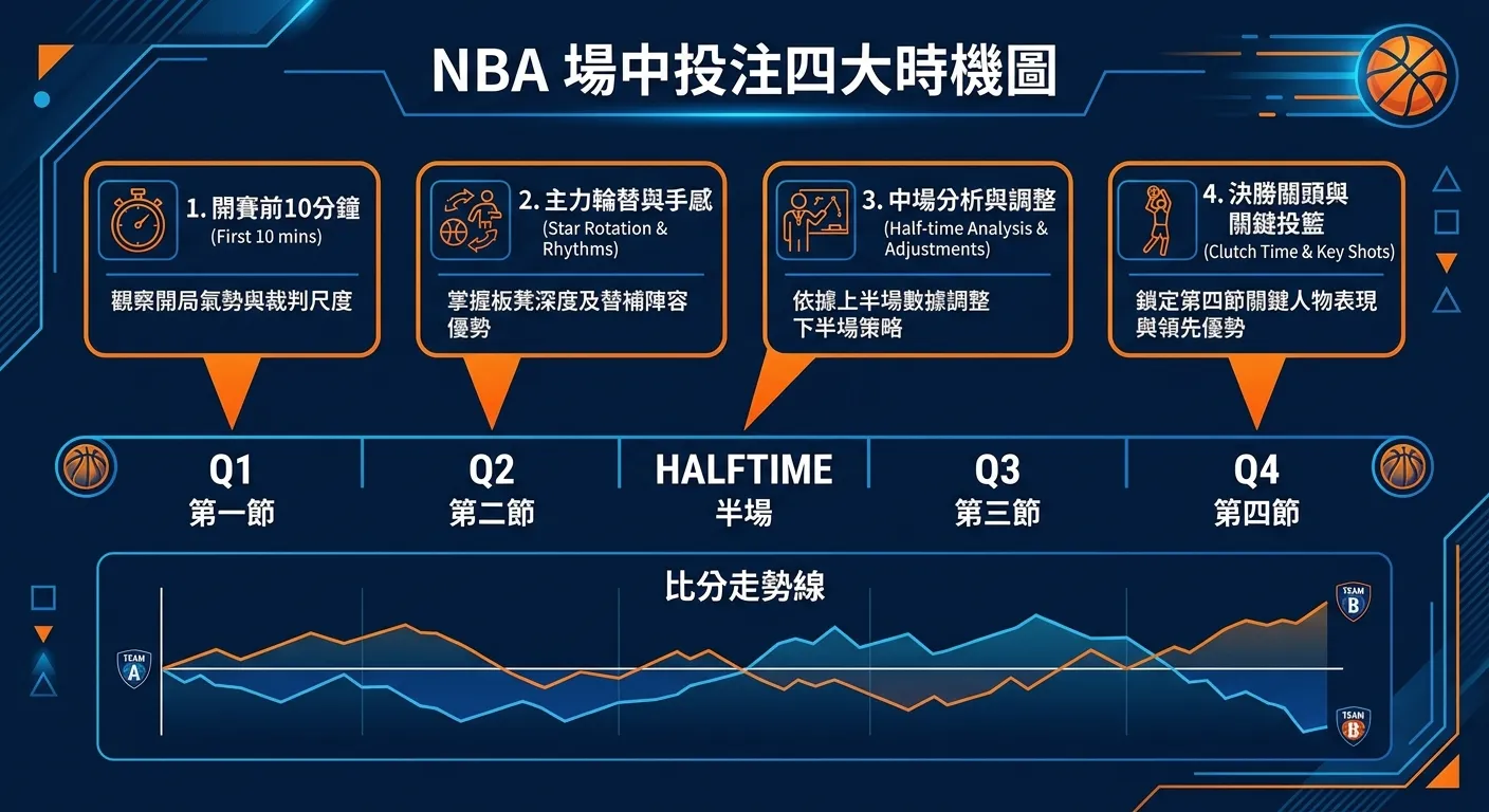 NBA 場中投注四大時機圖，以 NBA 比賽時間軸為基礎（第一節 → 第二節 → 半場 → 第三節 → 第四節），標示四個關鍵投注時機點，每個時機點附上一句操作建議，時間軸底部顯示比分走勢線，深藍配色搭配橘色標記點