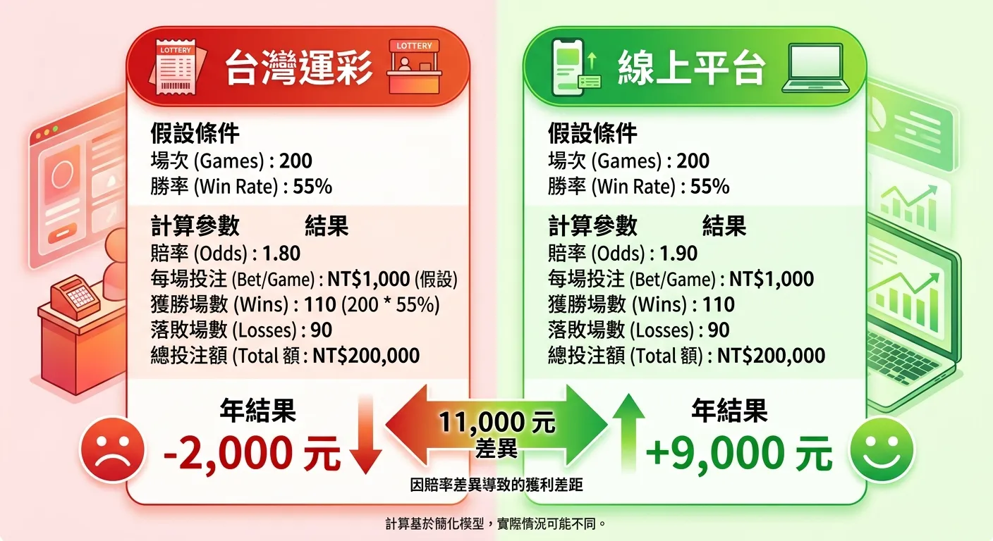 台灣運彩 vs 線上平台賠率差異影響計算圖，左側為台灣運彩（賠率 1.80、年結果 -2,000），右側為線上平台（賠率 1.90、年結果 +9,000），中間用雙向箭頭標示 11,000 元差異，以相同假設條件（200 場、55% 勝率）為基礎，配色用紅綠對比