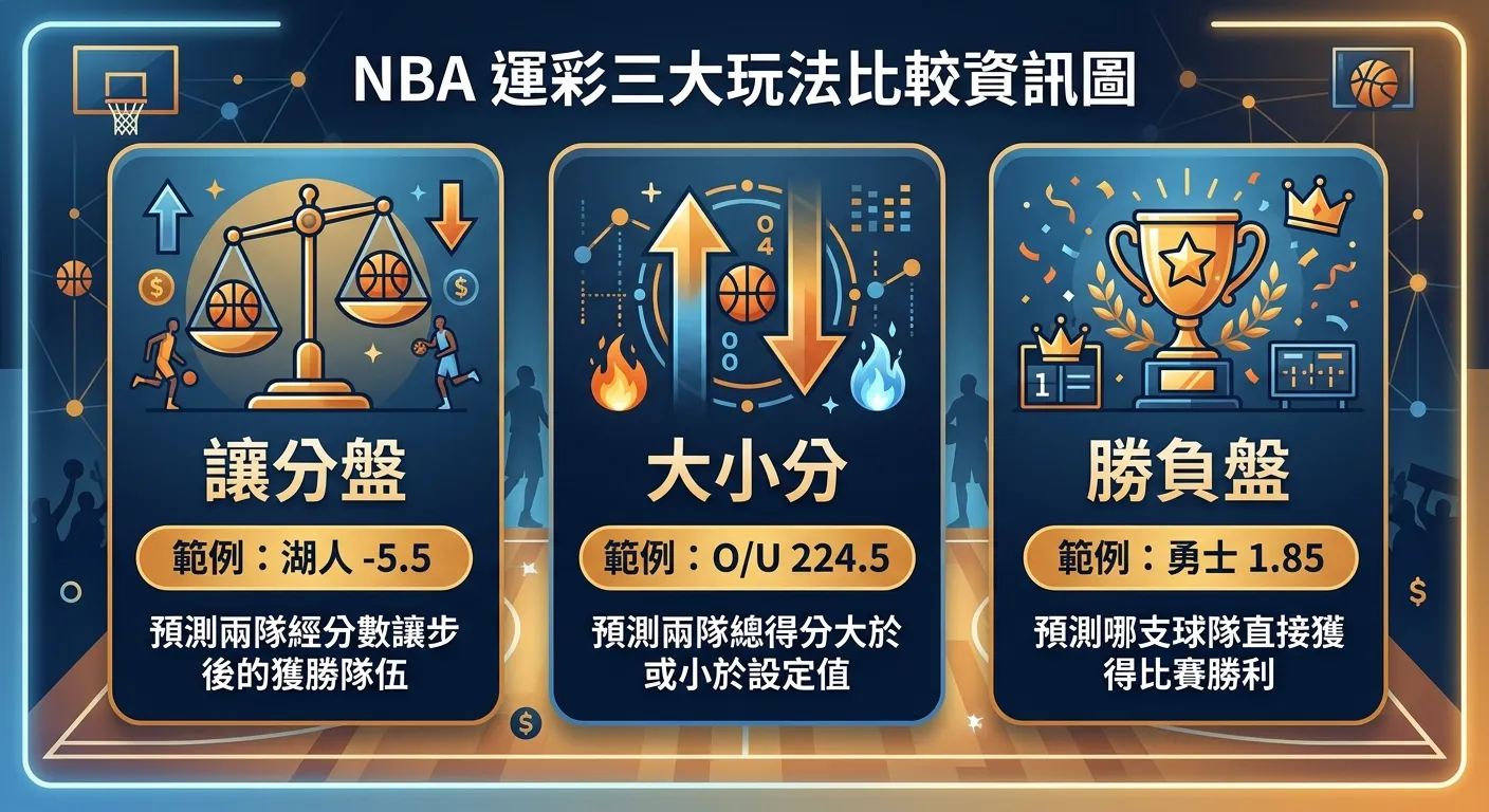 NBA 運彩三大玩法比較資訊圖，三個橫向排列的區塊分別標示：讓分盤（天秤圖示 + 範例「湖人 -5.5」）、大小分（上下箭頭圖示 + 範例「O/U 224.5」）、勝負盤（獎杯圖示 + 範例「勇士 1.85」），每區塊下方附一行適用場景說明，深藍與橘金色系