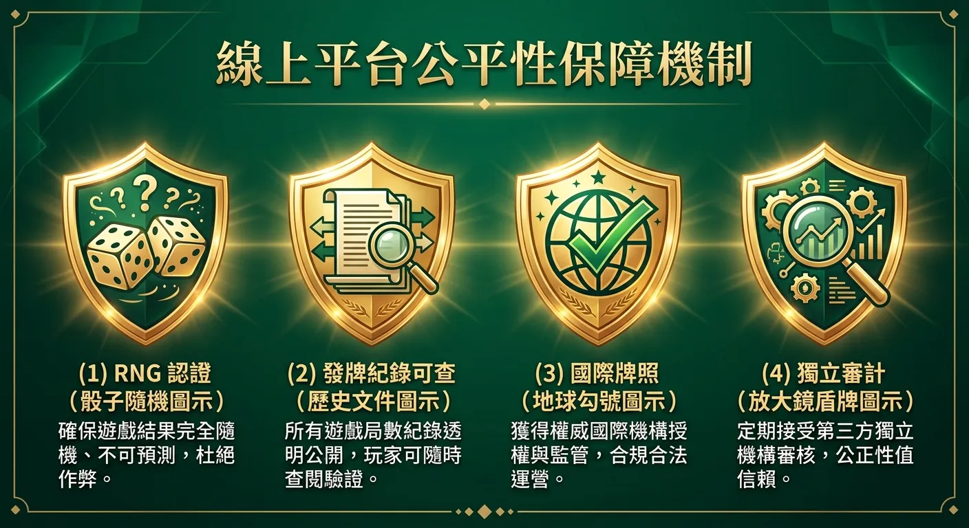 線上平台公平性保障機制資訊圖，以四個盾牌圖示呈現：(1) RNG 認證（骰子隨機圖示）(2) 發牌紀錄可查（歷史文件圖示）(3) 國際牌照（地球勾號圖示）(4) 獨立審計（放大鏡盾牌圖示），金色盾牌深綠色背景，每個盾牌下方有一句話說明。