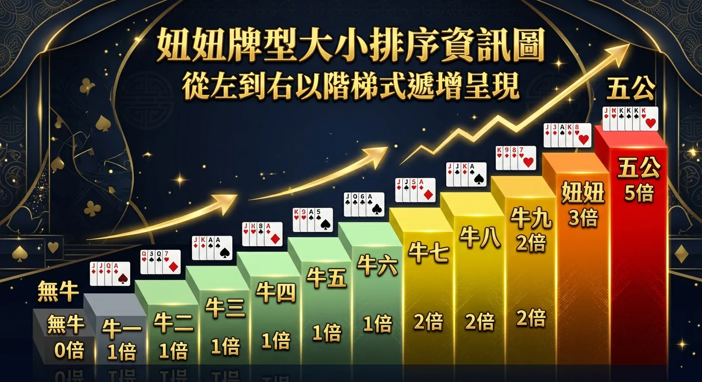 妞妞牌型大小排序資訊圖，從左到右以階梯式遞增呈現：無牛（灰色最低階）→ 牛一到牛六（淺綠色 1 倍）→ 牛七到牛九（黃色 2 倍）→ 妞妞（橘色 3 倍）→ 五公（紅色 5 倍），每個階梯標示牌型名稱和賠率倍數，深色背景金色文字。