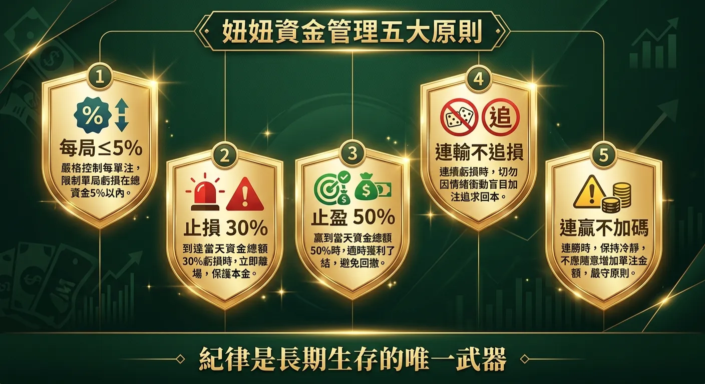 妞妞資金管理五大原則資訊圖，以五個盾牌形圖示垂直排列，每個盾牌包含原則編號和簡短說明：(1) 每局 ≤5%（百分比圖示）(2) 止損 30%（紅色警戒圖示）(3) 止盈 50%（綠色目標圖示）(4) 連輸不追損（禁止圖示）(5) 連贏不加碼（警告圖示），金色盾牌深綠色背景，底部標語「紀律是長期生存的唯一武器」。