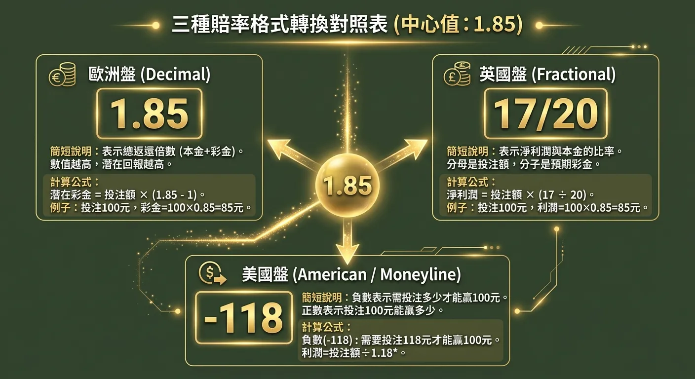 三種賠率格式轉換對照表圖，以1.85為中心，三條箭頭分別指向歐洲盤（1.85）、英國盤（17/20）、美國盤（-118），每個格式附上簡短說明和計算公式，配色使用金色數字與深墨綠背景