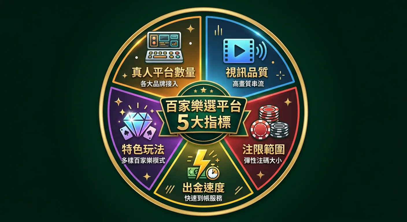 線上百家樂平台挑選五大指標圖，以圓形放射狀排列五個指標：真人平台數量（控制面板圖示）、視訊品質（播放鍵圖示）、注限範圍（籌碼圖示）、出金速度（閃電圖示）、特色玩法（鑽石圖示），中心標題為「百家樂選平台 5 大指標」，金色深綠配色