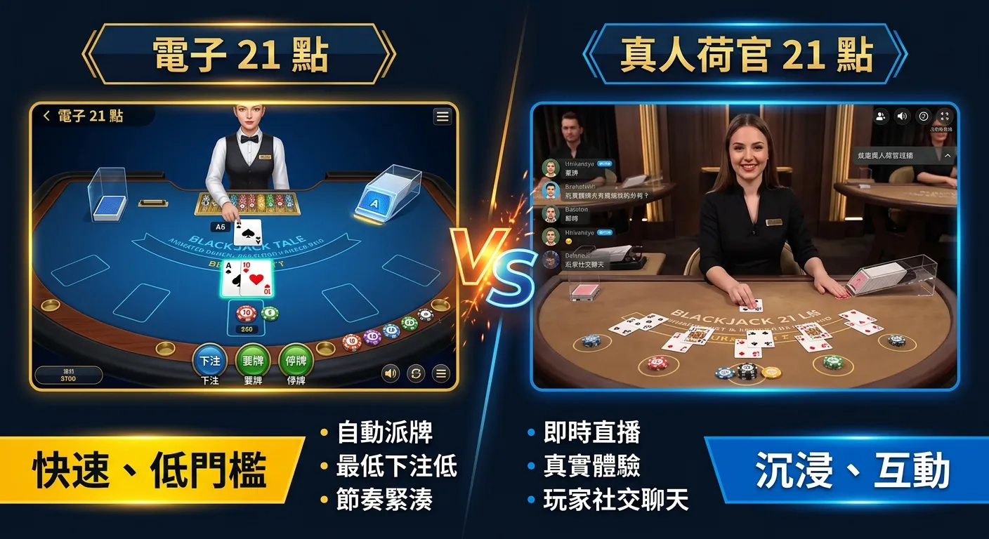 電子 21 點 vs 真人荷官 21 點對照圖，畫面分為左右兩半。左半邊顯示電子版介面（動畫牌桌、虛擬按鈕），標籤「快速、低門檻」。右半邊顯示真人版畫面（荷官直播、實體牌桌），標籤「沉浸、互動」。中間用 VS 圖示分隔，深色調。