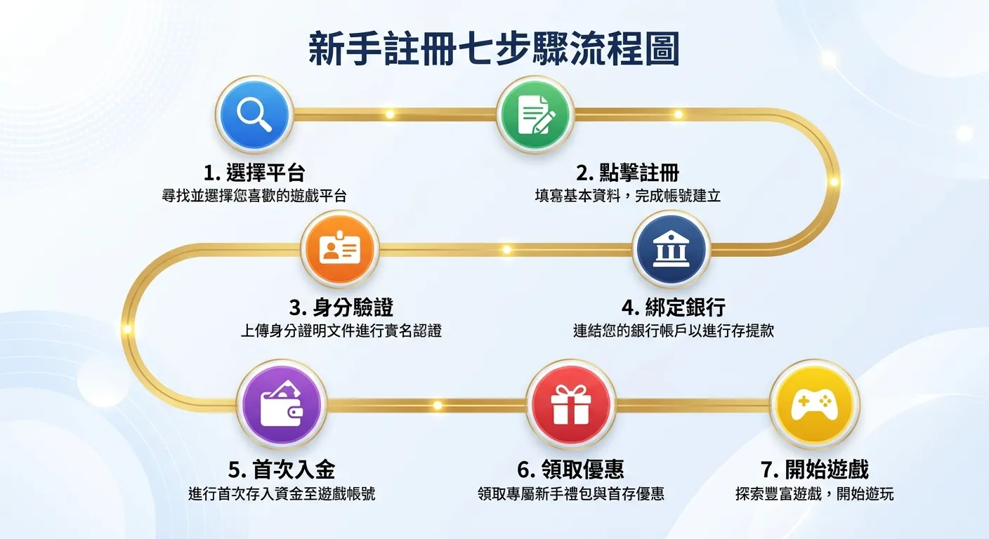 新手註冊七步驟流程圖，七個步驟以彎曲的路徑由上至下排列：(1) 選擇平台（放大鏡）(2) 點擊註冊（表單）(3) 身分驗證（身分證）(4) 綁定銀行（銀行圖示）(5) 首次入金（錢包）(6) 領取優惠（禮物）(7) 開始遊戲（遊戲手把），每步驟用圓形節點搭配圖示，金色路徑線條