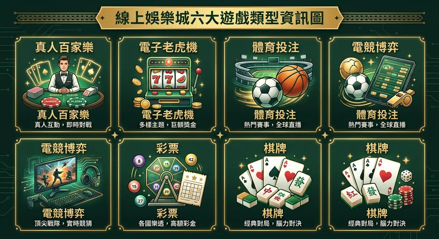 線上娛樂城六大遊戲類型資訊圖，以六宮格方式排列：(1)真人百家樂-撲克牌與荷官桌台圖示 (2)電子老虎機-捲軸與水果圖示 (3)體育投注-足球與籃球圖示 (4)電競博弈-遊戲手把與螢幕圖示 (5)彩票-彩球與號碼圖示 (6)棋牌-撲克籌碼與麻將圖示，每格含簡短文字標籤，配色使用金色與深墨綠