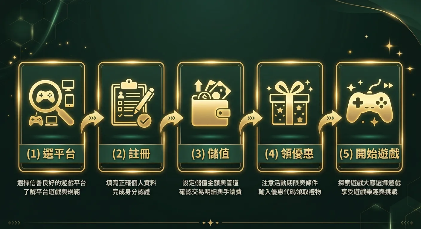 新手入門五步驟流程圖，由左至右橫向排列五個步驟：(1)選平台-放大鏡圖示 (2)註冊-表單圖示 (3)儲值-錢包圖示 (4)領優惠-禮物圖示 (5)開始遊戲-遊戲手把圖示，步驟間用箭頭連接，每步下方附有 1-2 行注意事項文字，配色使用金色與深墨綠
