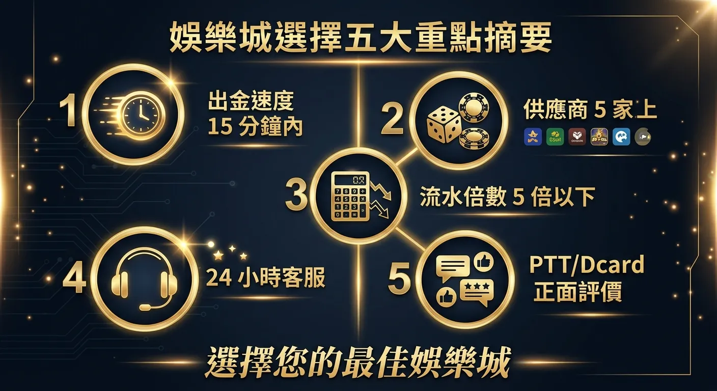 娛樂城選擇五大重點摘要圖，五個圓形圖示由上至下排列，每個圖示旁標示重點文字：(1) 出金速度 15 分鐘內（時鐘圖示）(2) 供應商 5 家以上（骰子圖示）(3) 流水倍數 5 倍以下（計算機圖示）(4) 24 小時客服（耳機圖示）(5) PTT/Dcard 正面評價（對話框圖示），金色線條串聯，深色背景