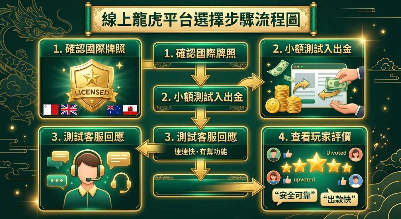 線上龍虎平台選擇步驟流程圖，由上到下四個步驟：1. 確認國際牌照（盾牌圖示）→ 2. 小額測試入出金（錢幣圖示）→ 3. 測試客服回應（耳機圖示）→ 4. 查看玩家評價（星星圖示），步驟間用箭頭連接。配色金色與深綠。
