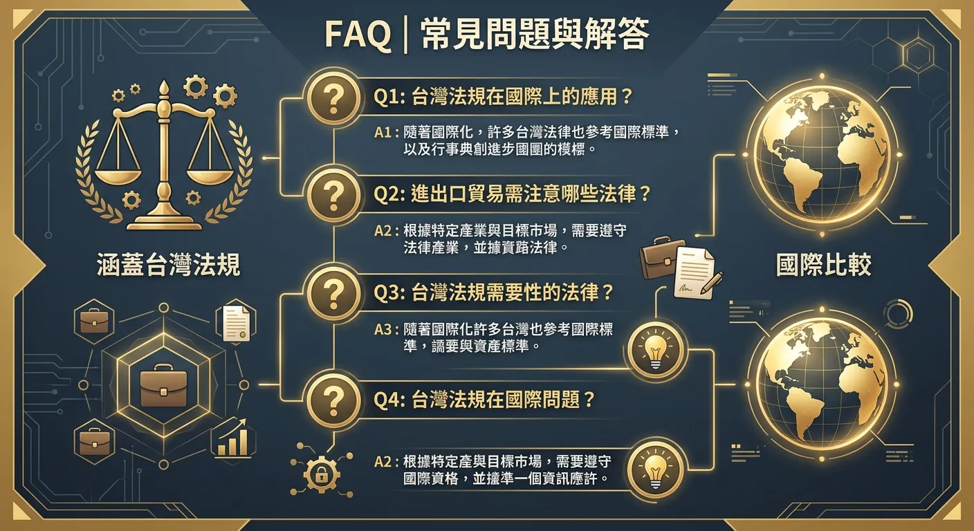 FAQ 問答配圖，問號與答案符號交替排列，旁邊有法律天秤圖示和地球儀圖示，暗示涵蓋台灣法規和國際比較的內容。配色深藍灰搭配金色。