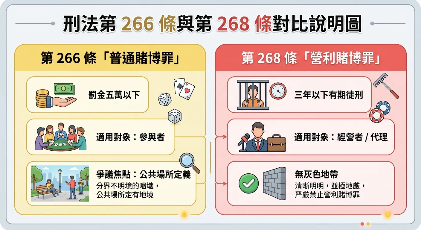 刑法第 266 條與第 268 條對比說明圖，左側區塊為第 266 條「普通賭博罪」（淺黃色背景，標示罰金五萬以下、適用對象為參與者、爭議焦點為公共場所定義），右側區塊為第 268 條「營利賭博罪」（淺紅色背景，標示三年以下有期徒刑、適用對象為經營者/代理、無灰色地帶）