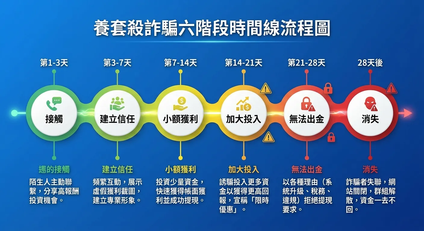 養套殺六階段時間線流程圖，水平時間線由左至右排列六個階段節點：接觸→建立信任→小額獲利→加大投入→無法出金→消失。時間線上方標示每階段的典型時間（第1-3天、第3-7天、第7-14天、第14-21天、第21-28天、28天後）。時間線下方每個節點附一句辨識指標。前三個節點為綠色漸變到黃色，後三個為黃色漸變到紅色，代表風險遞增。