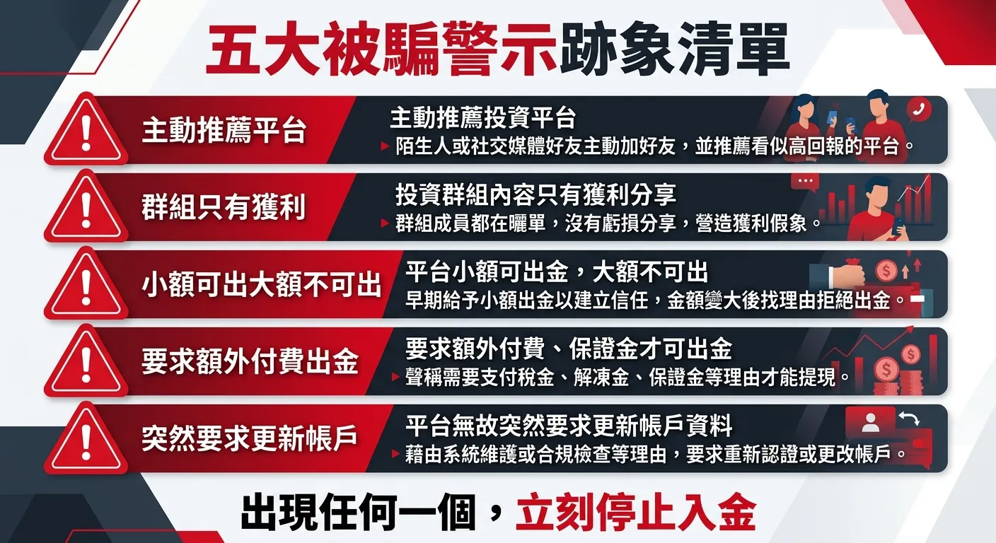 五大被騙警示跡象清單圖，五個項目由上至下排列，每個項目左側有紅色警示三角圖示、右側有跡象描述和一行辨識要點。五個跡象分別為：主動推薦平台、群組只有獲利、小額可出大額不可出、要求額外付費出金、突然要求更新帳戶。底部有紅色粗字「出現任何一個，立刻停止入金」。配色紅色與深灰。