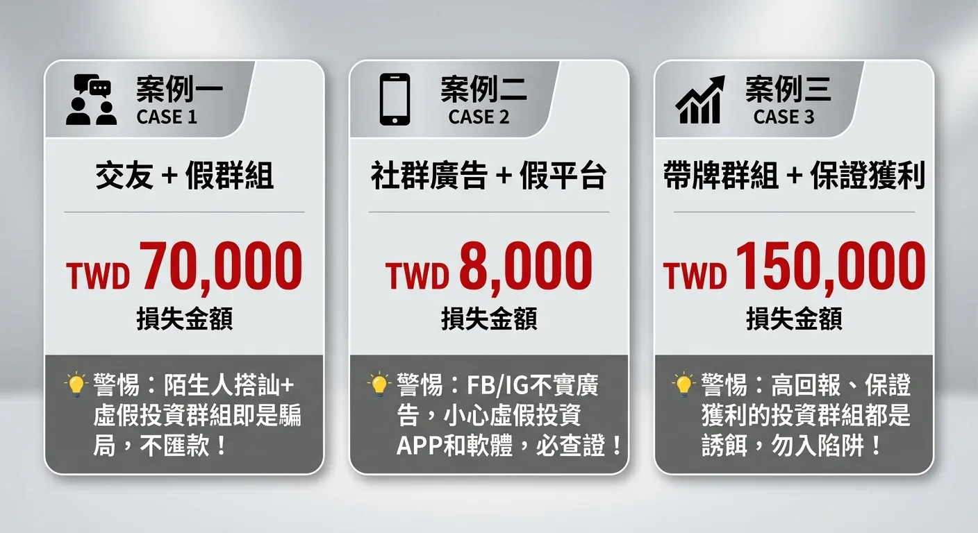 三個真實案例摘要卡片，三張卡片橫向排列：案例一「交友+假群組」（損失7萬）、案例二「社群廣告+假平台」（損失8千）、案例三「帶牌群組+保證獲利」（損失15萬），每張卡片頂部有案例編號，中間有損失金額（紅色大字），底部有一句教訓摘要。卡片背景用灰色系，損失數字用紅色突出。