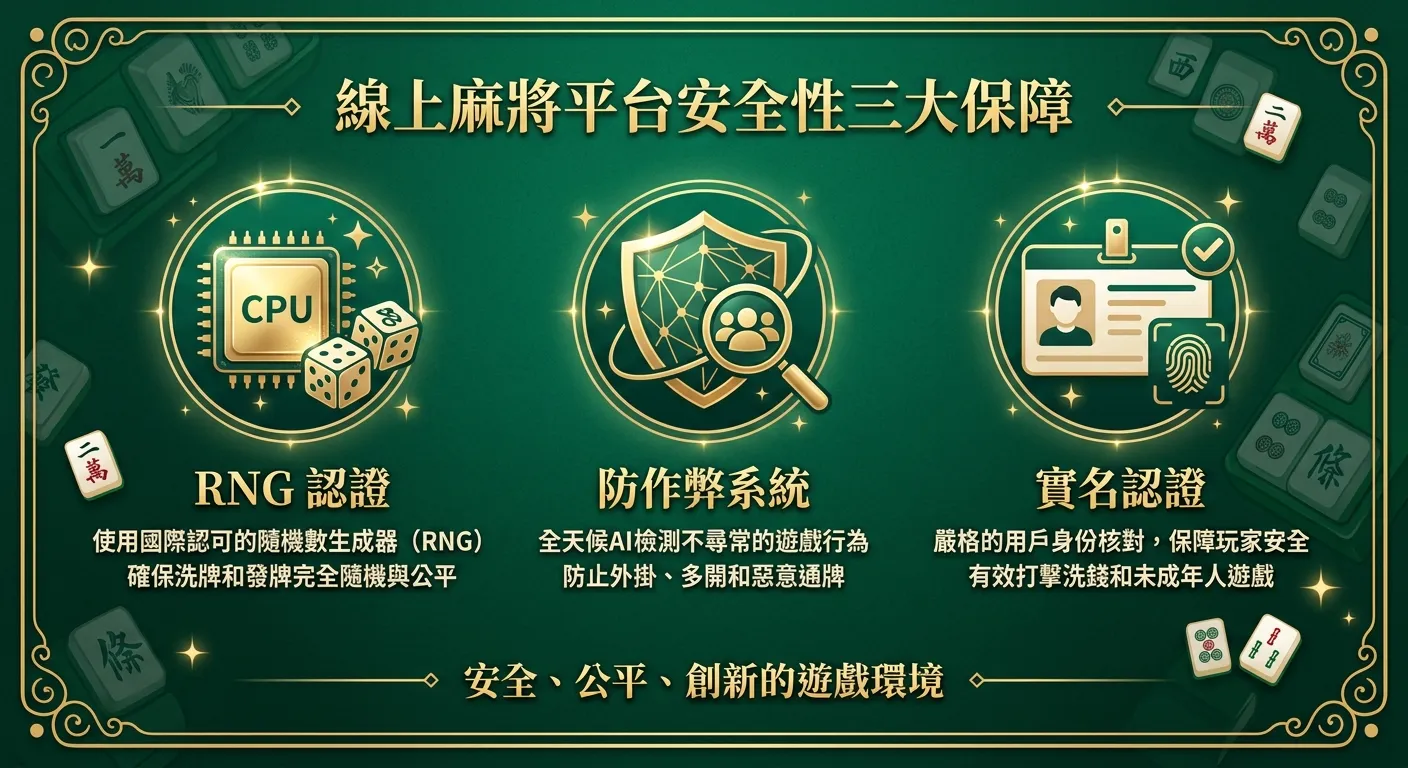 線上麻將平台安全性三大保障資訊圖，三個圖示橫排：(1) RNG 認證——隨機數晶片圖示 (2) 防作弊系統——盾牌圖示 (3) 實名認證——身份證圖示，每個圖示下方附說明文字，翠綠色背景金色邊框