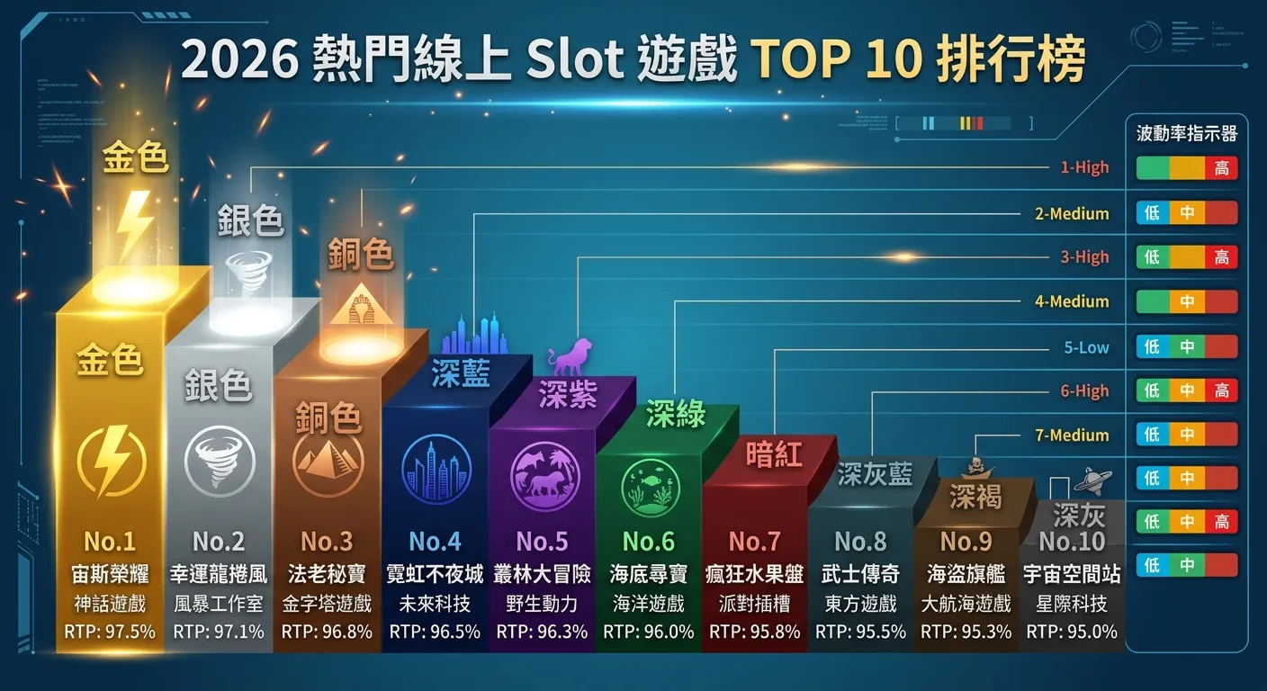 2026 熱門線上 Slot 遊戲 TOP 10 排行榜資訊圖，以階梯式由高到低排列，每個階梯顯示排名數字、遊戲名稱、供應商和 RTP 數值，前三名用金銀銅色標示，其餘用深色系，右側附上各遊戲的波動率指示器（低中高三段式顏色條）