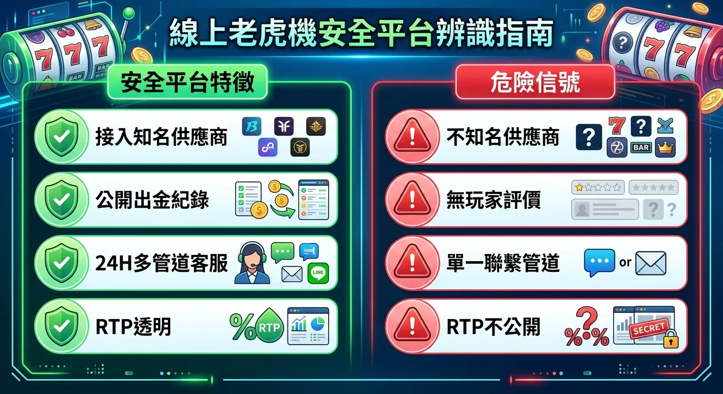 線上老虎機安全平台辨識指南，左右對比佈局：左側「安全平台特徵」列出四項（接入知名供應商、公開出金紀錄、24H多管道客服、RTP透明），每項前面綠色盾牌圖示；右側「危險信號」列出四項（不知名供應商、無玩家評價、單一聯繫管道、RTP不公開），每項前面紅色警告圖示