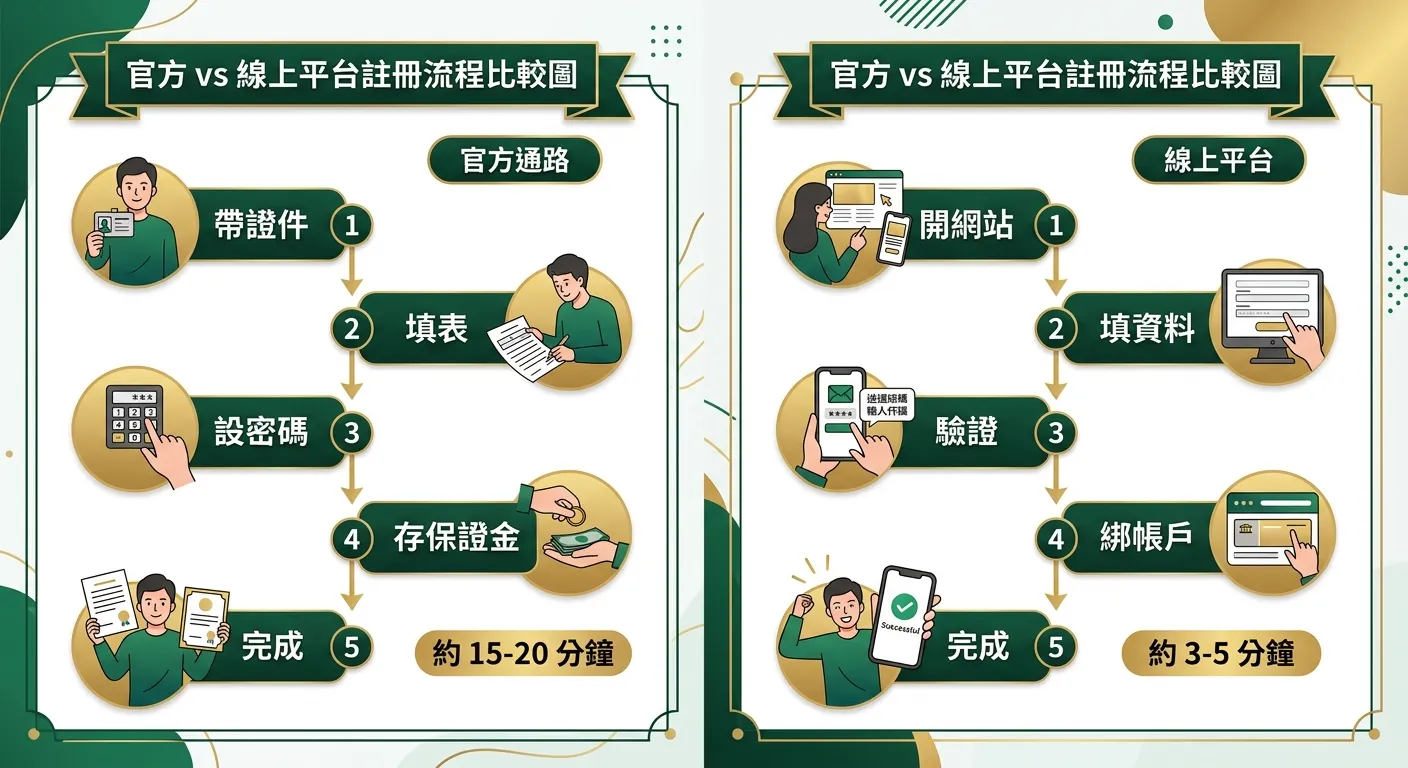 官方 vs 線上平台註冊流程比較圖，左右對比：左側「官方通路」以時間軸展示五步驟（帶證件→填表→設密碼→存保證金→完成，標示約 15-20 分鐘），右側「線上平台」以時間軸展示五步驟（開網站→填資料→驗證→綁帳戶→完成，標示約 3-5 分鐘），金色與深綠配色