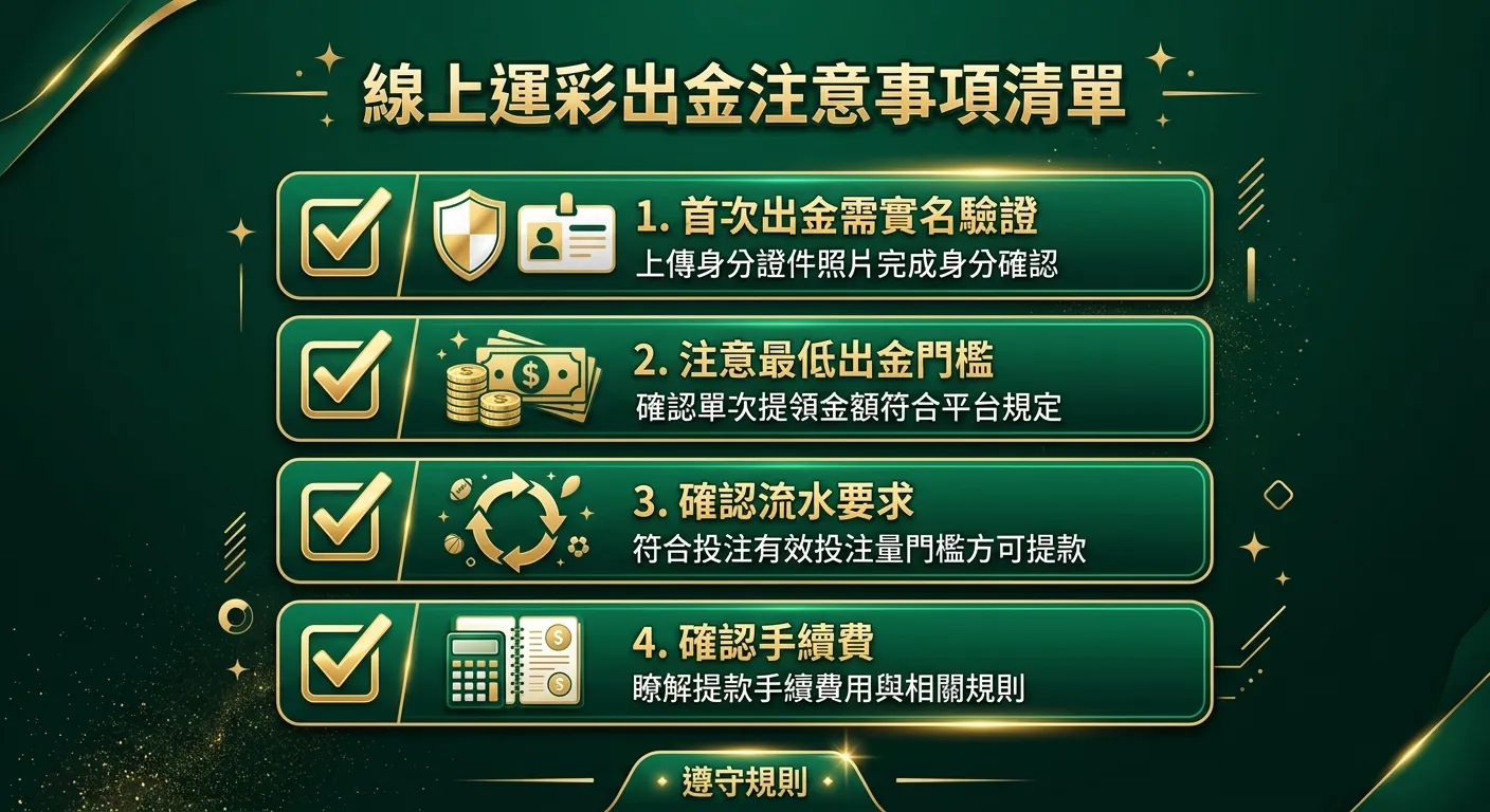 線上運彩出金注意事項清單圖，四個項目以勾選方式呈現：(1) 首次出金需實名驗證（證件圖示）(2) 注意最低出金門檻（金額圖示）(3) 確認流水要求（迴旋箭頭圖示）(4) 確認手續費（計算機圖示），每項旁附簡短說明，金色與深綠配色