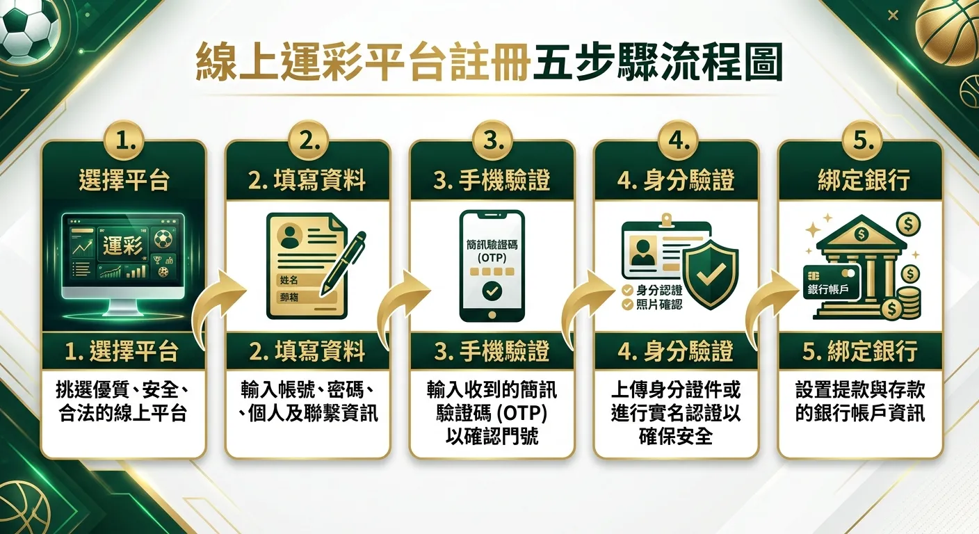 線上運彩平台註冊五步驟流程圖，由左到右：1.選擇平台（螢幕圖示）→ 2.填寫資料（表單圖示）→ 3.手機驗證（手機圖示）→ 4.身分驗證（證件圖示）→ 5.綁定銀行（銀行圖示），每步驟間以箭頭連接，配色使用金色與深墨綠