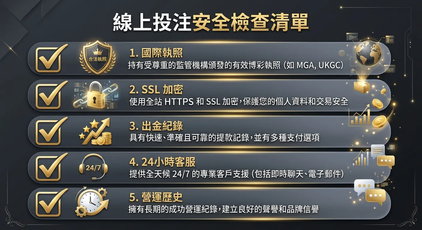 線上投注安全檢查清單資訊圖，五個項目以勾選列表形式呈現：1.國際執照（盾牌圖示）2.SSL加密（鎖頭圖示）3.出金紀錄（星星圖示）4.24小時客服（耳機圖示）5.營運歷史（時鐘圖示），每項附一行說明，配色使用金色勾選與深灰背景