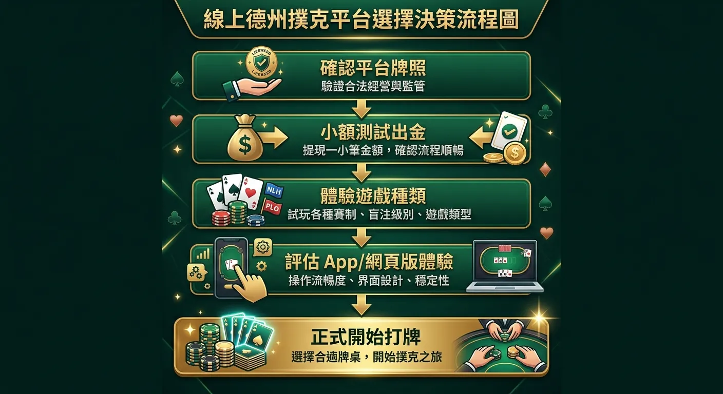 線上德州撲克平台選擇決策流程圖，由上至下：「確認平台牌照」→「小額測試出金」→「體驗遊戲種類」→「評估 App/網頁版體驗」→「正式開始打牌」，每步有對應圖示。配色使用深綠與金色