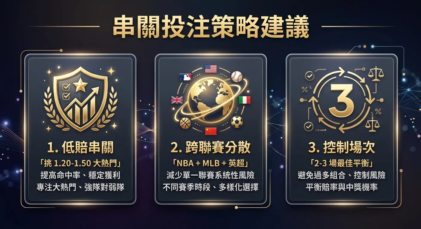 串關投注策略建議資訊圖，三個策略卡片橫向排列：1.低賠串關（盾牌圖示，「挑 1.20-1.50 大熱門」）、2.跨聯賽分散（地球圖示，「NBA+MLB+英超」）、3.控制場次（數字3圖示，「2-3場最佳平衡」），配色使用金色標題與深灰卡片