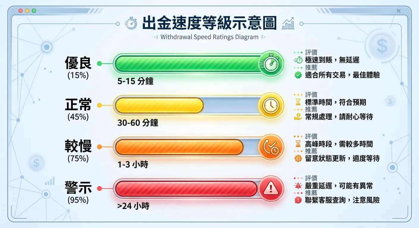 出金速度等級示意圖，四個橫向條狀圖從上到下：優良（5-15 分鐘，綠色）、正常（30-60 分鐘，黃色）、較慢（1-3 小時，橘色）、警示（>24 小時，紅色），每個條狀旁附有評價文字和建議。