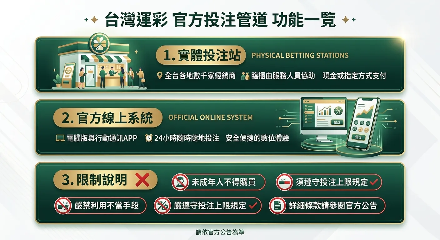 台灣運彩官方投注管道功能一覽圖，三個橫排區塊：(1) 實體投注站（店面圖示+人形）(2) 官方線上系統（電腦+手機圖示）(3) 限制說明（紅色 X 標記列出四項限制），每個區塊含簡短說明，配色使用金色與深綠色系