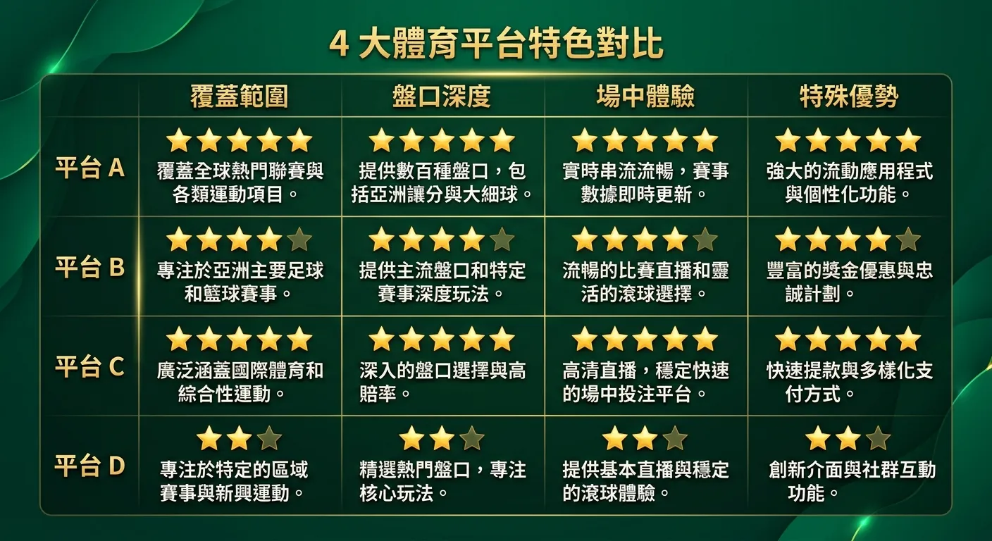 4 大體育平台特色對比表格圖，四行四列：行標題為四個平台名稱，列標題為「覆蓋範圍」「盤口深度」「場中體驗」「特殊優勢」，每格用星級評分（1-5 星）加上一句話描述，金色星星圖示，深綠背景