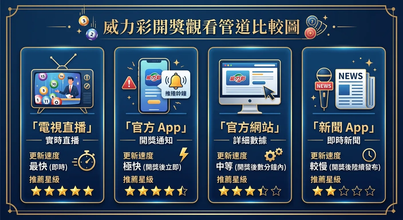 威力彩開獎觀看管道比較圖，四個區塊橫向排列：「電視直播」（電視圖示）、「官方 App」（手機圖示+推播鈴鐘）、「官方網站」（電腦螢幕圖示）、「新聞 App」（新聞圖示），每個區塊標示更新速度和推薦星級，配色深藍底金色框