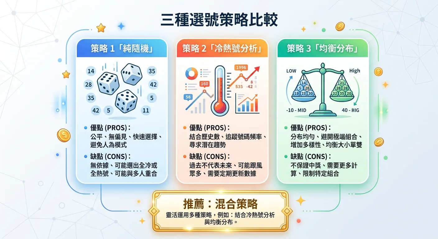 三種選號策略比較資訊圖，三列橫向排列：策略 1「純隨機」（骰子圖示）、策略 2「冷熱號分析」（溫度計圖示）、策略 3「均衡分布」（天秤圖示），每個策略標示優缺點摘要，底部有「推薦：混合策略」的金色標示框