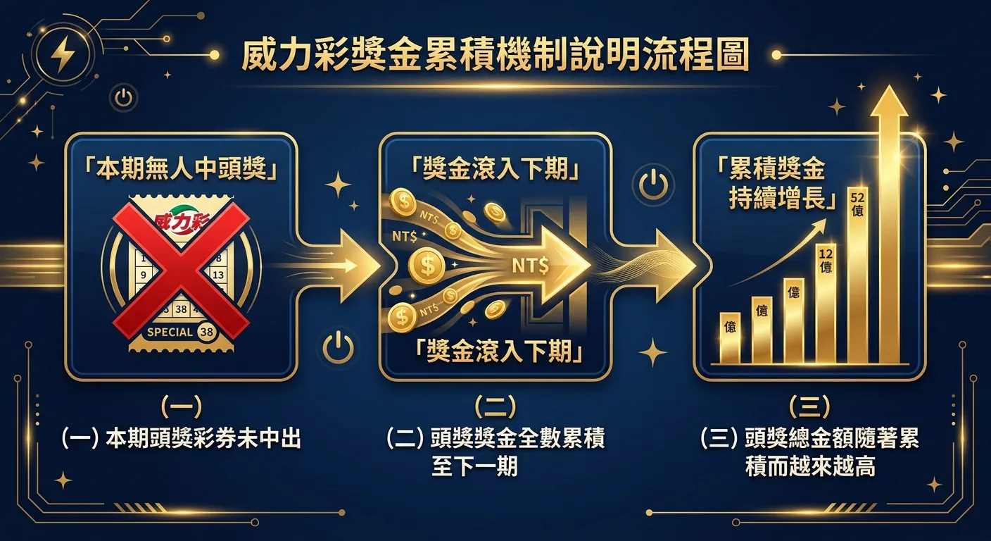 威力彩獎金累積機制說明流程圖，由左至右三個階段：第一階段「本期無人中頭獎」（紅色叉號圖示）→ 第二階段「獎金滾入下期」（金色箭頭向右）→ 第三階段「累積獎金持續增長」（金色柱狀圖逐漸升高），配色深藍底搭配金色元素