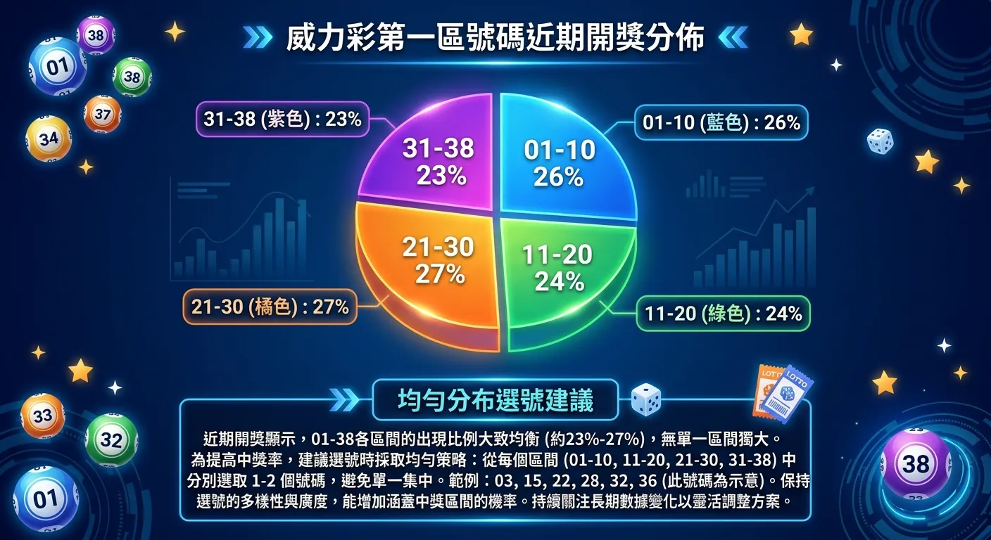 威力彩第一區號碼分布圓餅圖，將 01-38 分成四個區間（01-10、11-20、21-30、31-38），各區間以不同顏色表示，標示各區間在近期開獎中的出現比例，搭配文字說明「均勻分布選號建議」，深藍色背景搭配亮色系圓餅圖