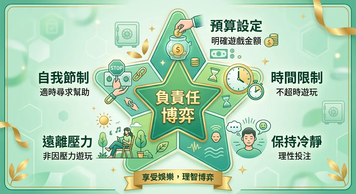 負責任博弈五大原則圖，以五角星形排列，每個角標示一個原則配對應圖示，中心文字「負責任博弈」，配色以綠色為主代表安全，金色點綴