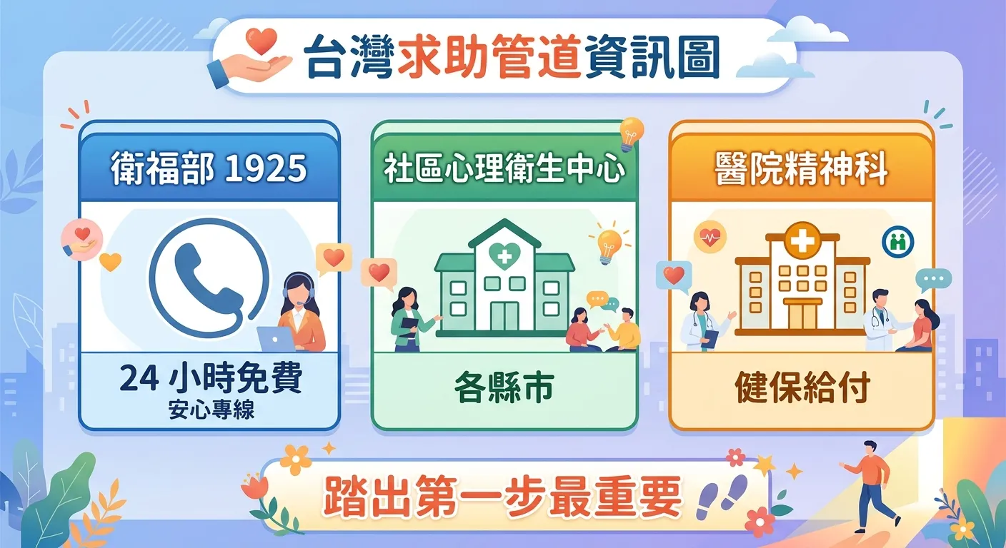 台灣求助管道資訊圖，三個方塊分別標示：衛福部 1925（電話圖示，24 小時免費）、社區心理衛生中心（建築圖示，各縣市）、醫院精神科（醫院圖示，健保給付），底部標示「踏出第一步最重要」