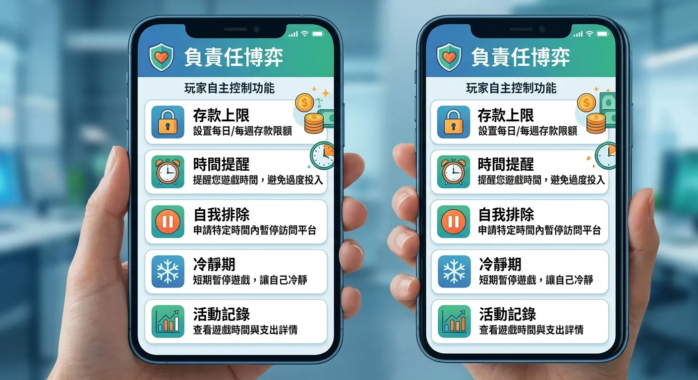 平台負責任博弈功能清單圖，以手機螢幕為框架，螢幕內列出五個功能選項，每個配對應圖示：存款上限（鎖頭）、時間提醒（鬧鐘）、自我排除（暫停按鈕）、冷靜期（雪花）、活動記錄（圖表），強調玩家自主控制