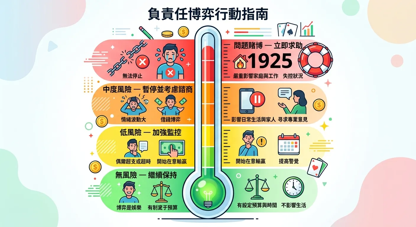 負責任博弈行動指南資訊圖，以溫度計造型呈現四個風險等級：底部綠色「無風險 — 繼續保持」、黃色「低風險 — 加強監控」、橙色「中度風險 — 暫停並考慮諮商」、頂部紅色「問題賭博 — 立即求助 1925」