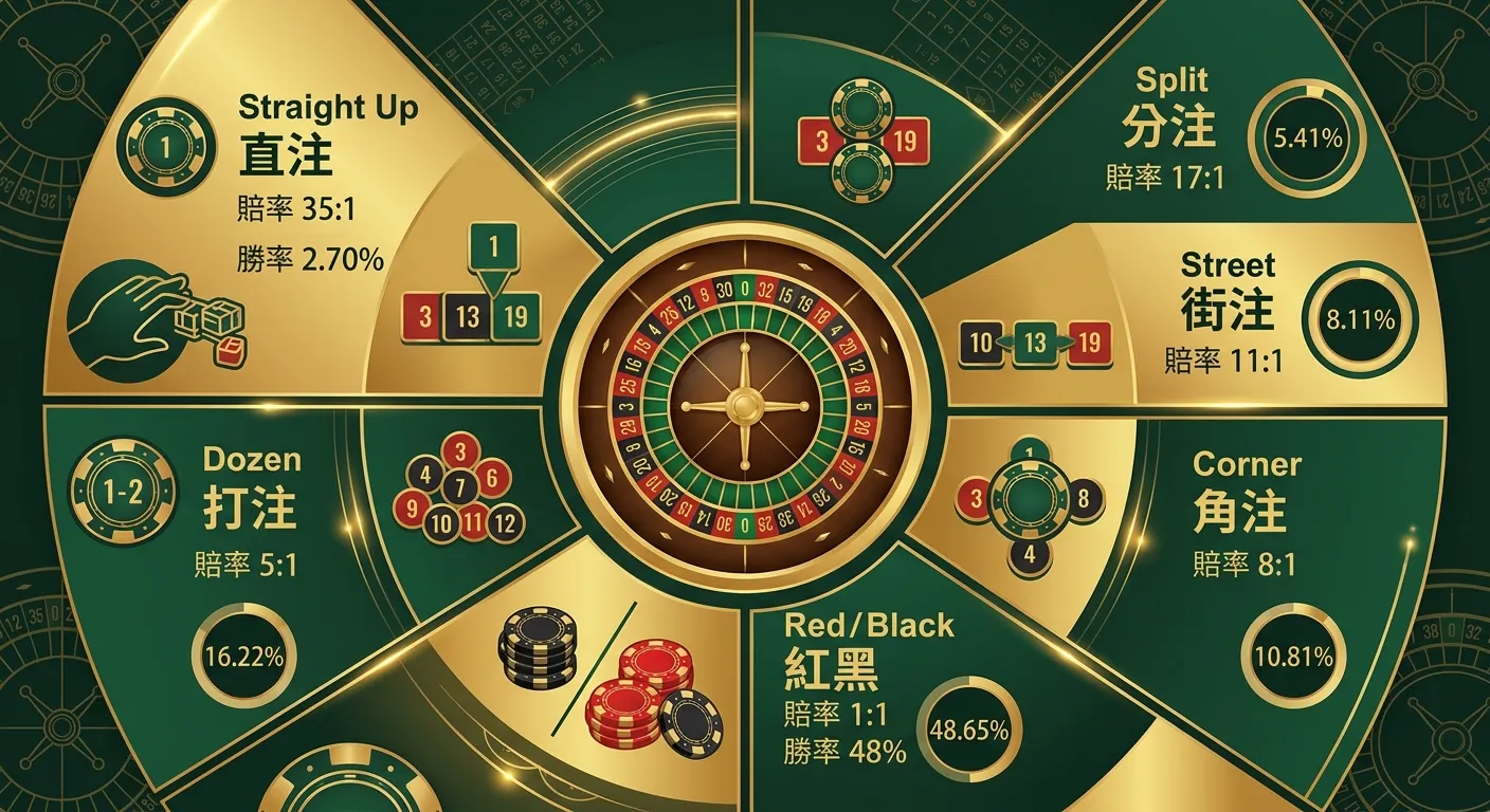 輪盤各下注類型賠率與勝率總覽環形圖，中央為輪盤圖示，周圍六個區塊分別展示：直注 35:1、分注 17:1、街注 11:1、角注 8:1、紅黑 1:1、打注 5:1，每個區塊標示對應勝率百分比，金色與深綠配色