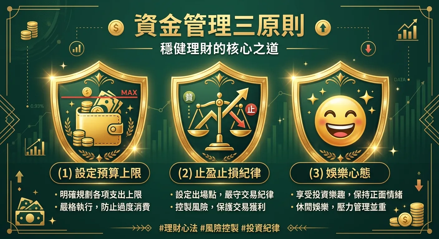 資金管理三原則資訊圖，以三個盾牌形圖示橫向排列：(1) 設定預算上限（錢包圖示）(2) 止盈止損紀律（天秤圖示）(3) 娛樂心態（笑臉圖示），每個盾牌下方附 2 行說明，金色盾牌深綠色背景。